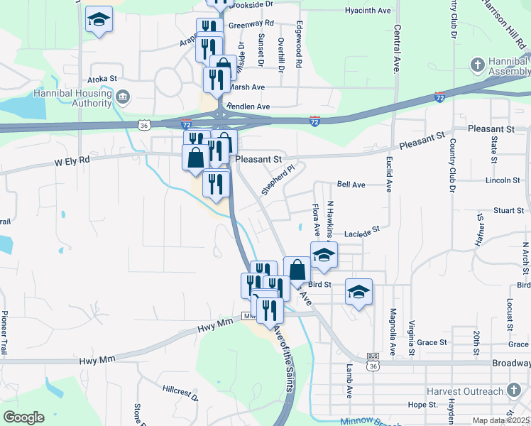 map of restaurants, bars, coffee shops, grocery stores, and more near 3340 Saint Marys Avenue in Hannibal