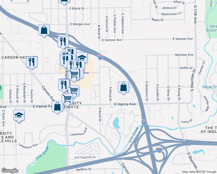 map of restaurants, bars, coffee shops, grocery stores, and more near 3834 Fetlock Drive in Indianapolis