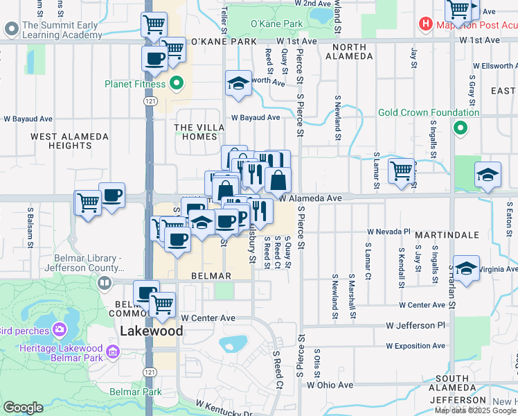 map of restaurants, bars, coffee shops, grocery stores, and more near 7070 West Alameda Avenue in Lakewood