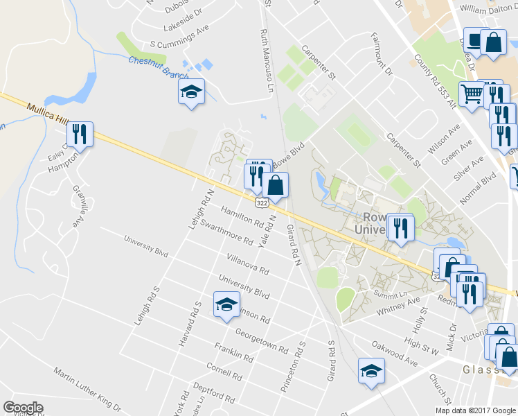 map of restaurants, bars, coffee shops, grocery stores, and more near 306 Mullica Hill Road in Glassboro