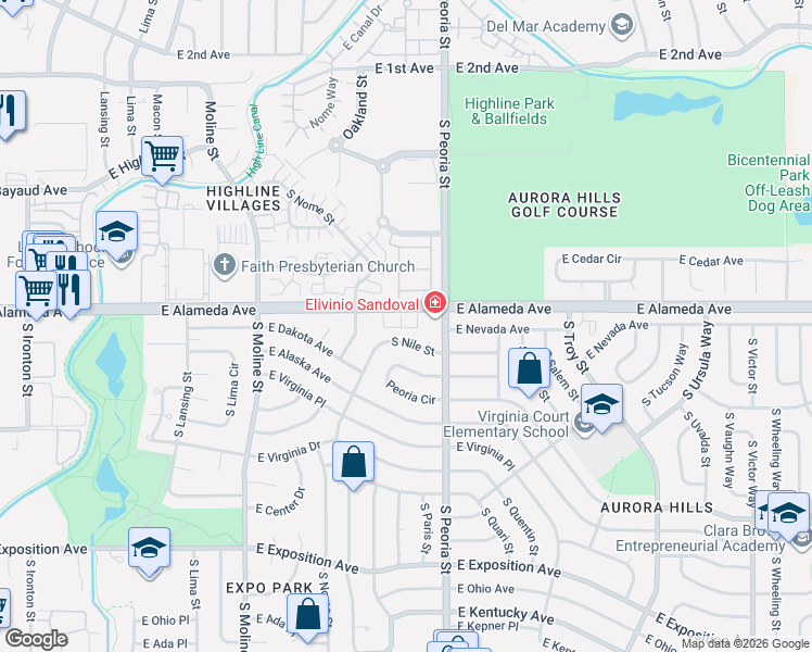 map of restaurants, bars, coffee shops, grocery stores, and more near 11993 East Nevada Circle in Aurora