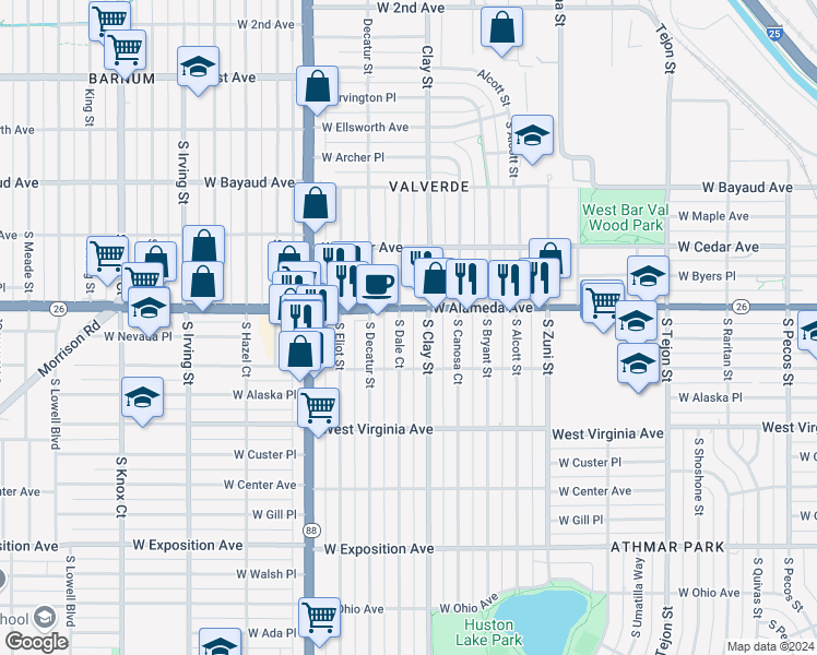 map of restaurants, bars, coffee shops, grocery stores, and more near 296 South Dale Court in Denver