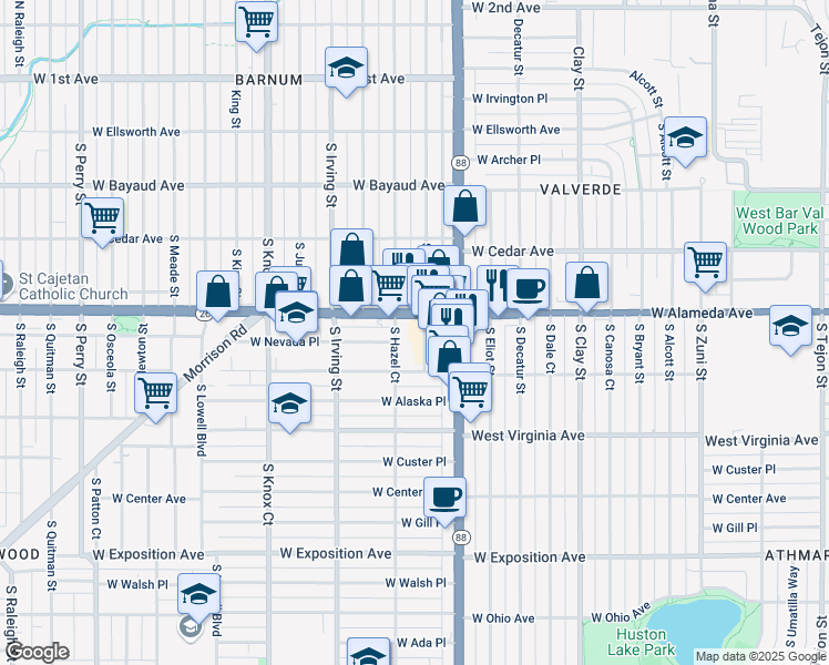 map of restaurants, bars, coffee shops, grocery stores, and more near 3100 West Alameda Avenue in Denver