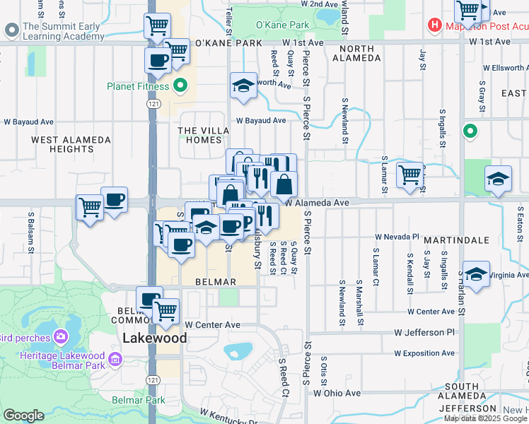 map of restaurants, bars, coffee shops, grocery stores, and more near in Lakewood