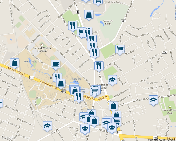 map of restaurants, bars, coffee shops, grocery stores, and more near 14 Normal Boulevard in Glassboro