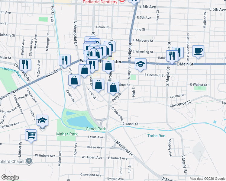 map of restaurants, bars, coffee shops, grocery stores, and more near 300 South Broad Street in Lancaster