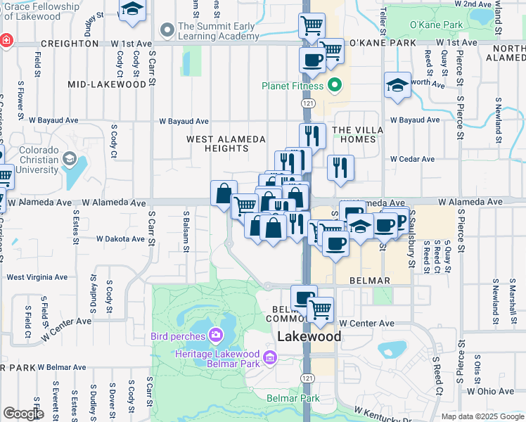 map of restaurants, bars, coffee shops, grocery stores, and more near 7950 West Alameda Avenue in Lakewood