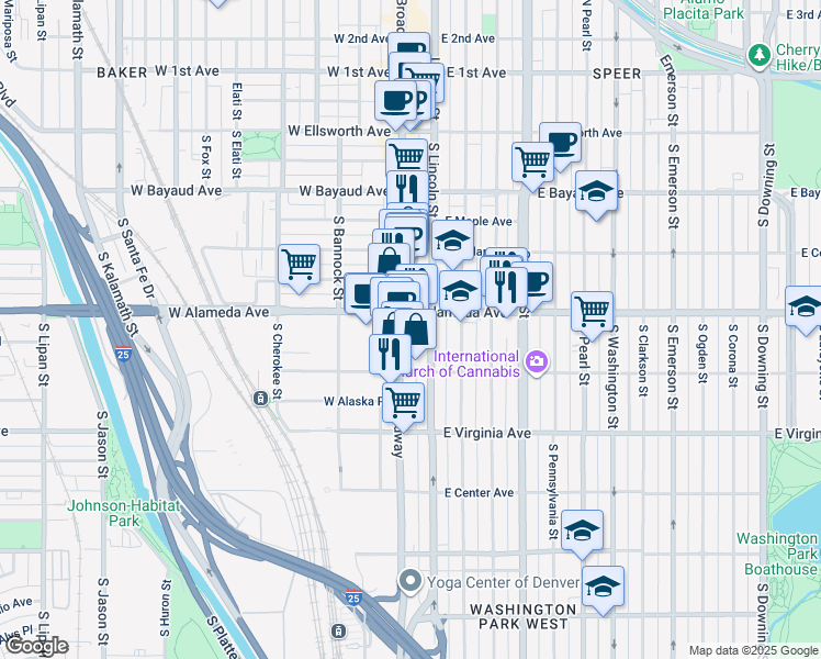 map of restaurants, bars, coffee shops, grocery stores, and more near 63 East Alameda Avenue in Denver