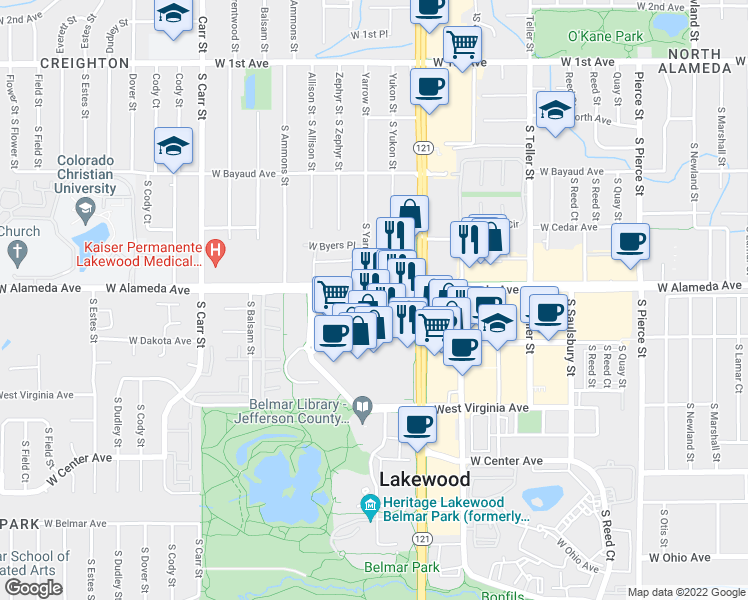 map of restaurants, bars, coffee shops, grocery stores, and more near 7850 West Alameda Avenue in Lakewood