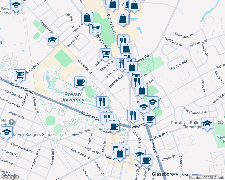 map of restaurants, bars, coffee shops, grocery stores, and more near 21 Normal Boulevard in Glassboro