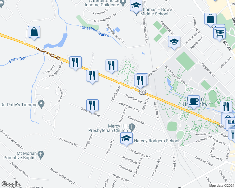 map of restaurants, bars, coffee shops, grocery stores, and more near 412 Hamilton Road in Glassboro