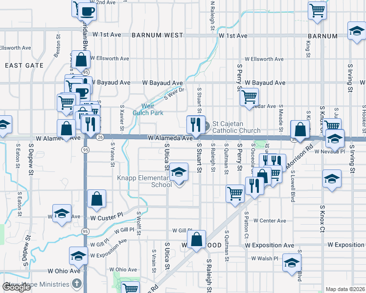 map of restaurants, bars, coffee shops, grocery stores, and more near 4349 West Nevada Place in Denver