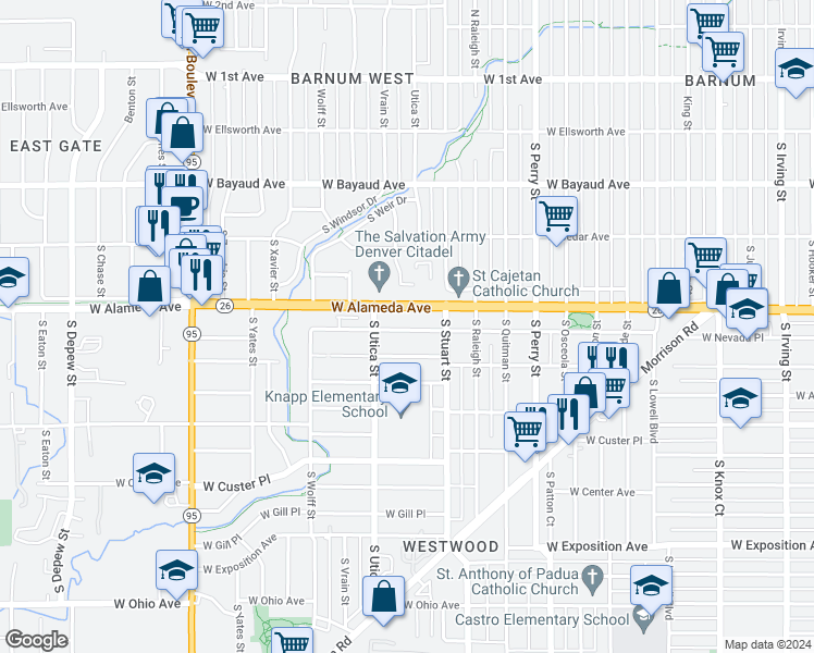 map of restaurants, bars, coffee shops, grocery stores, and more near 4389 West Nevada Place in Denver