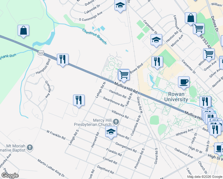 map of restaurants, bars, coffee shops, grocery stores, and more near 409 Hamilton Road in Glassboro