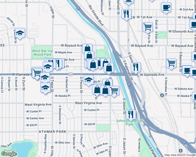 map of restaurants, bars, coffee shops, grocery stores, and more near 1262 West Alameda Avenue in Denver