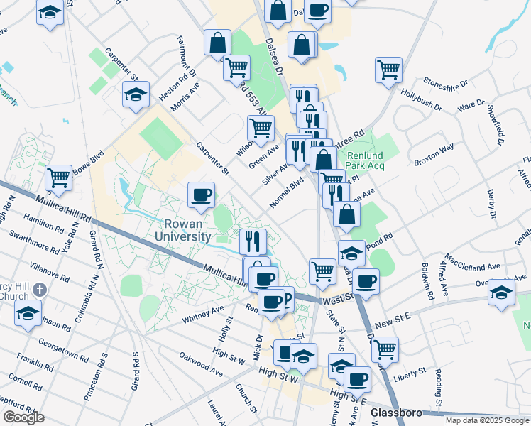 map of restaurants, bars, coffee shops, grocery stores, and more near Carpenter Street & Normal Boulevard in Glassboro