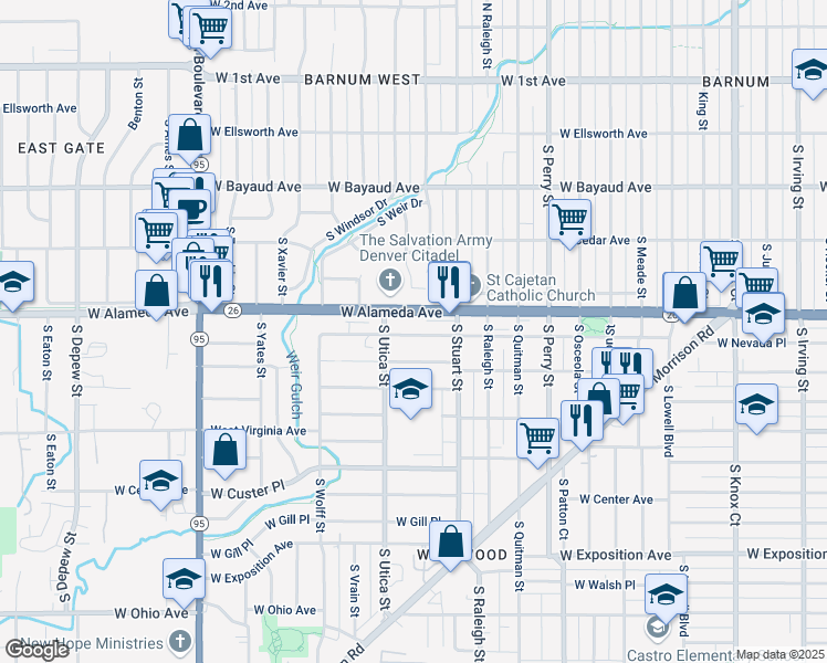 map of restaurants, bars, coffee shops, grocery stores, and more near 4411 West Nevada Place in Denver