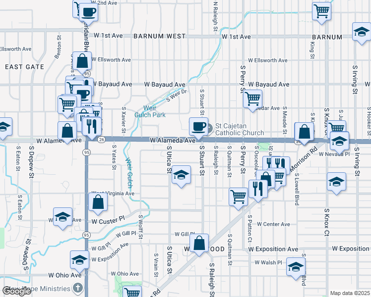 map of restaurants, bars, coffee shops, grocery stores, and more near 4411 West Nevada Place in Denver
