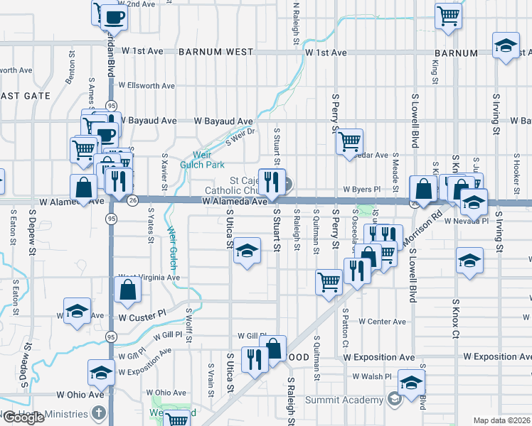 map of restaurants, bars, coffee shops, grocery stores, and more near 4329 West Nevada Place in Denver