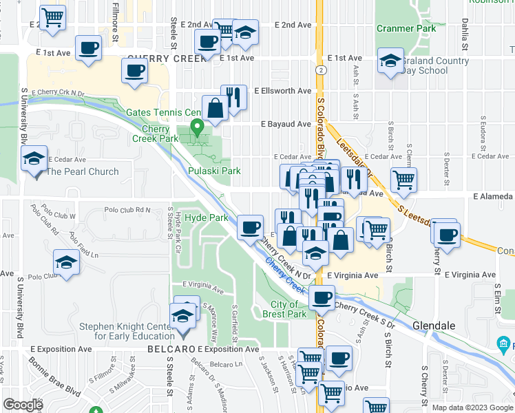 map of restaurants, bars, coffee shops, grocery stores, and more near 354 South Monroe Street in Denver