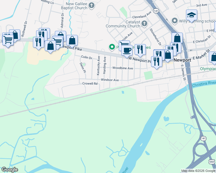 map of restaurants, bars, coffee shops, grocery stores, and more near 205 Harding Avenue in Wilmington