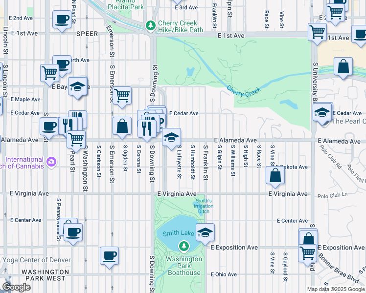 map of restaurants, bars, coffee shops, grocery stores, and more near 303 South Humboldt Street in Denver