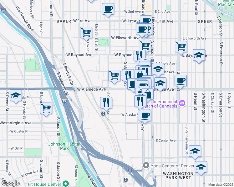 map of restaurants, bars, coffee shops, grocery stores, and more near 190 West Alameda Avenue in Denver