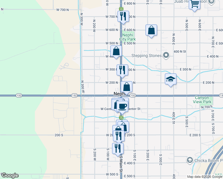 map of restaurants, bars, coffee shops, grocery stores, and more near 25 West 200 North in Nephi