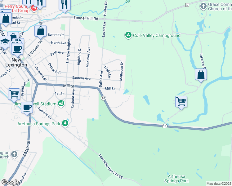 map of restaurants, bars, coffee shops, grocery stores, and more near 646 Mellwood Drive in New Lexington