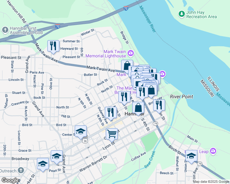 map of restaurants, bars, coffee shops, grocery stores, and more near 416 Hill Street in Hannibal