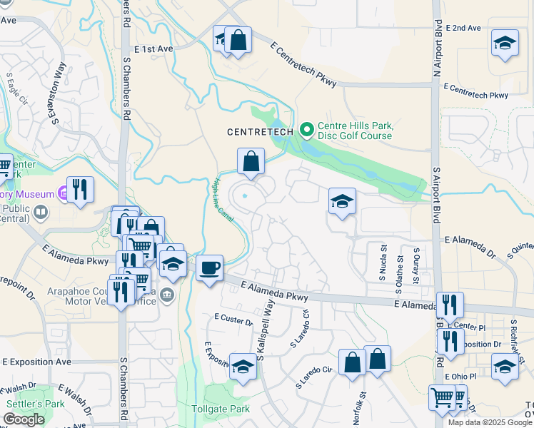 map of restaurants, bars, coffee shops, grocery stores, and more near 7 South Kalispell Way in Aurora