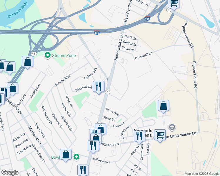 map of restaurants, bars, coffee shops, grocery stores, and more near 3142 New Castle Avenue in New Castle