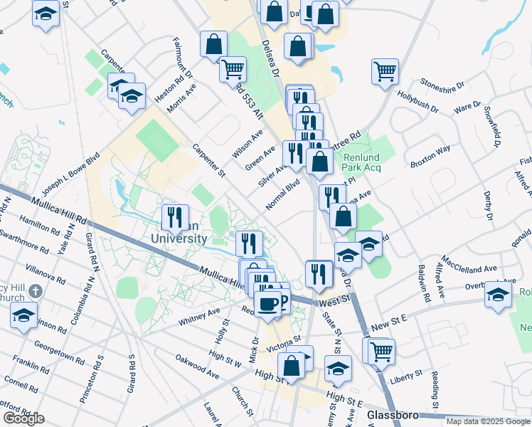 map of restaurants, bars, coffee shops, grocery stores, and more near 20 Normal Boulevard in Glassboro