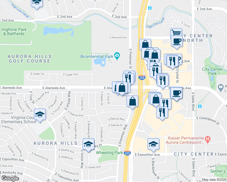 map of restaurants, bars, coffee shops, grocery stores, and more near 13668 East Alameda Avenue in Aurora