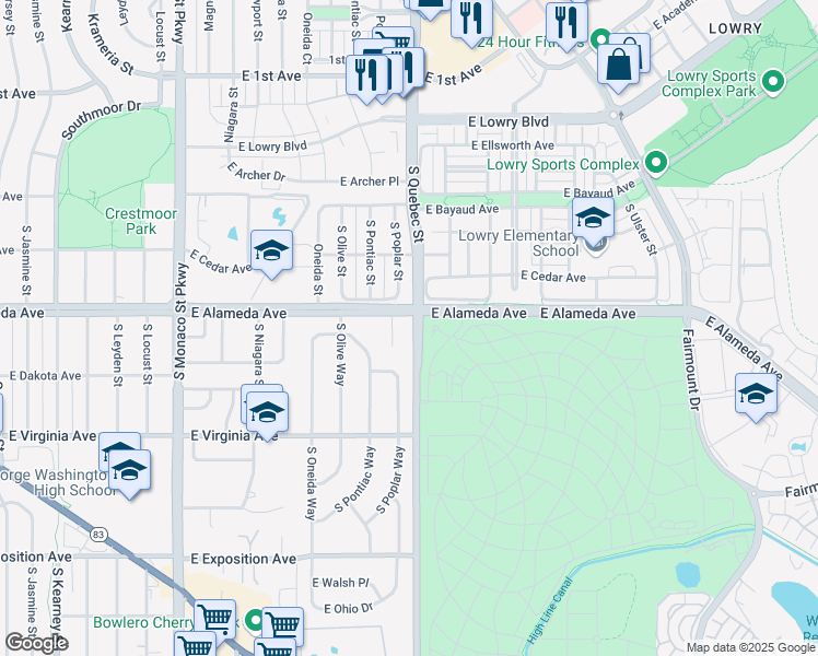 map of restaurants, bars, coffee shops, grocery stores, and more near 300 South Poplar Street in Denver