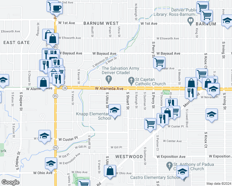 map of restaurants, bars, coffee shops, grocery stores, and more near 4401 West Nevada Place in Denver