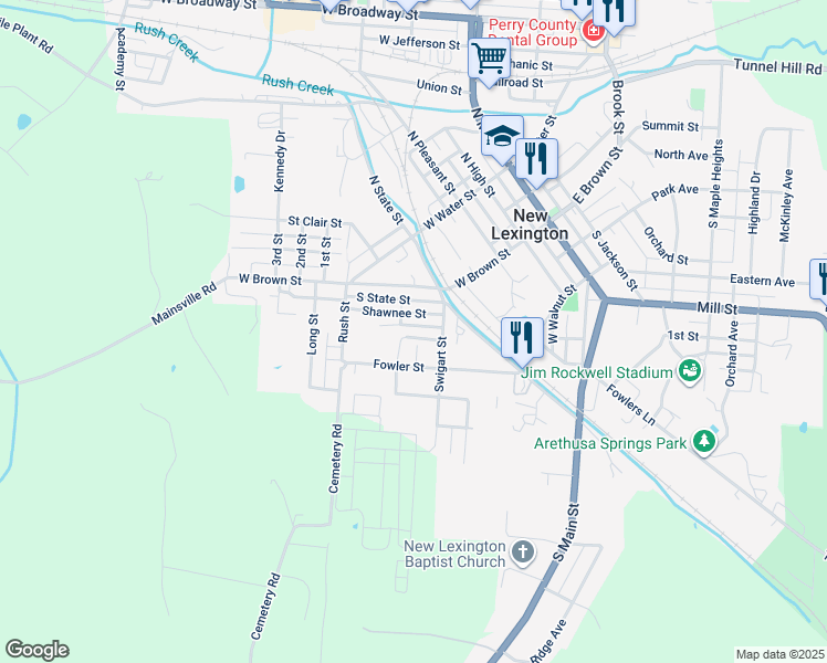 map of restaurants, bars, coffee shops, grocery stores, and more near 519 Shawnee Street in New Lexington