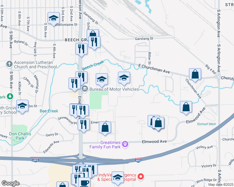 map of restaurants, bars, coffee shops, grocery stores, and more near 5330 Hornet Avenue in Beech Grove