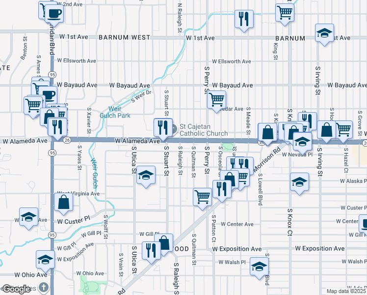 map of restaurants, bars, coffee shops, grocery stores, and more near 4192 West Alameda Avenue in Denver