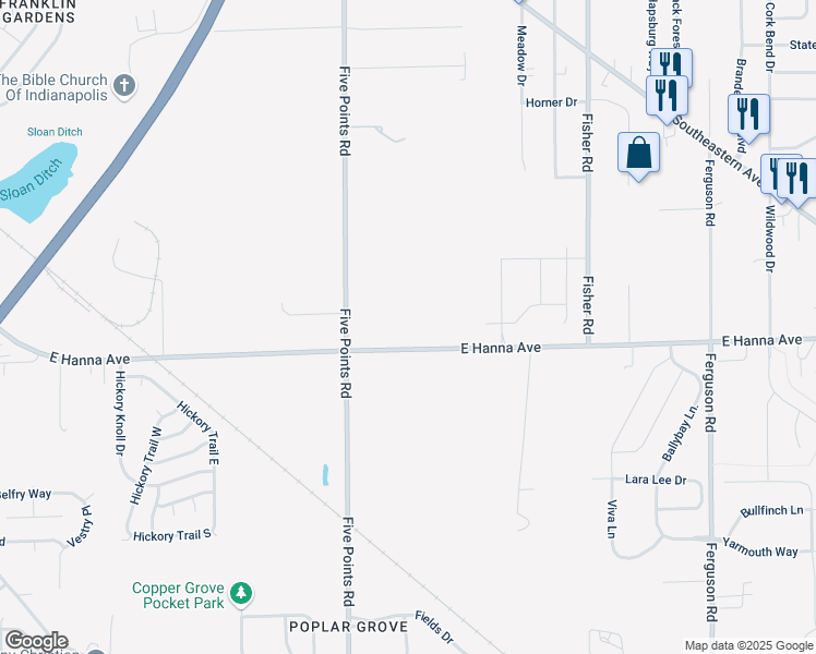 map of restaurants, bars, coffee shops, grocery stores, and more near 7136 East Hanna Avenue in Indianapolis
