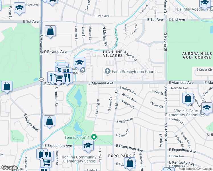 map of restaurants, bars, coffee shops, grocery stores, and more near 11357 East Dakota Avenue in Aurora