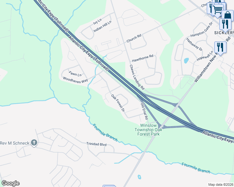 map of restaurants, bars, coffee shops, grocery stores, and more near 35 Fillmore Way in Sicklerville