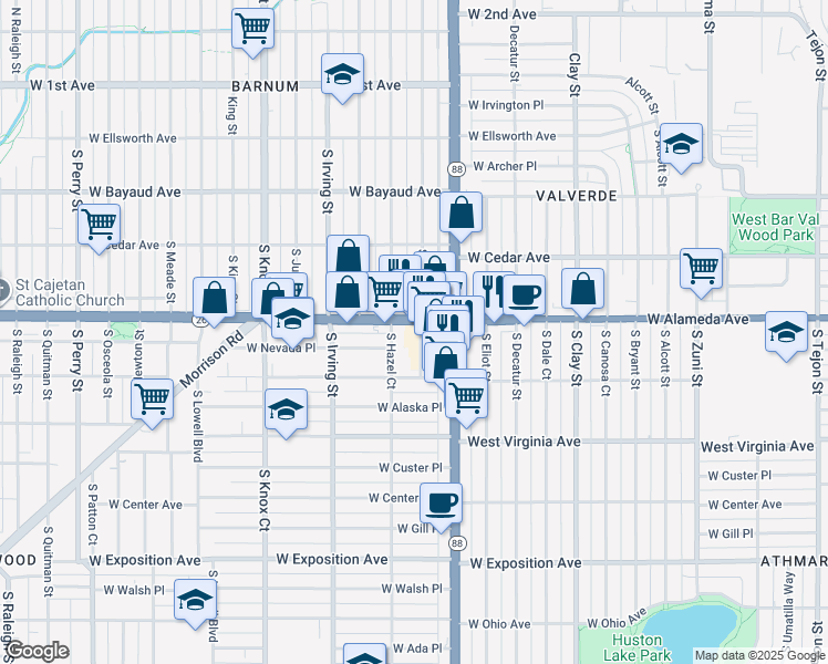 map of restaurants, bars, coffee shops, grocery stores, and more near in Denver