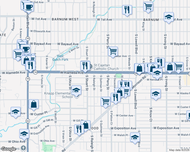 map of restaurants, bars, coffee shops, grocery stores, and more near 4192 West Alameda Avenue in Denver