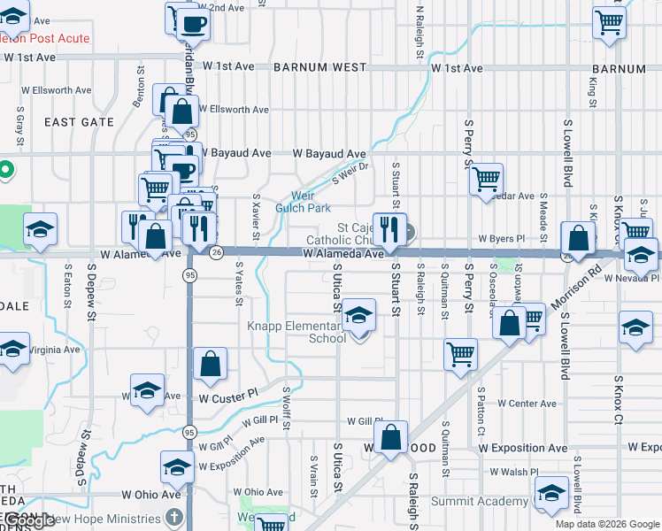 map of restaurants, bars, coffee shops, grocery stores, and more near 4530 West Alameda Avenue in Denver