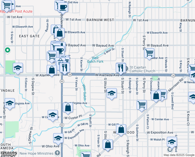 map of restaurants, bars, coffee shops, grocery stores, and more near 4688 West Alameda Avenue in Denver