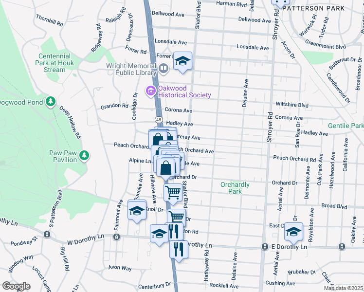 map of restaurants, bars, coffee shops, grocery stores, and more near 113 Peach Orchard Avenue in Dayton