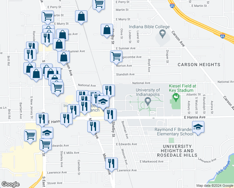 map of restaurants, bars, coffee shops, grocery stores, and more near 3701 Shelby Street in Indianapolis