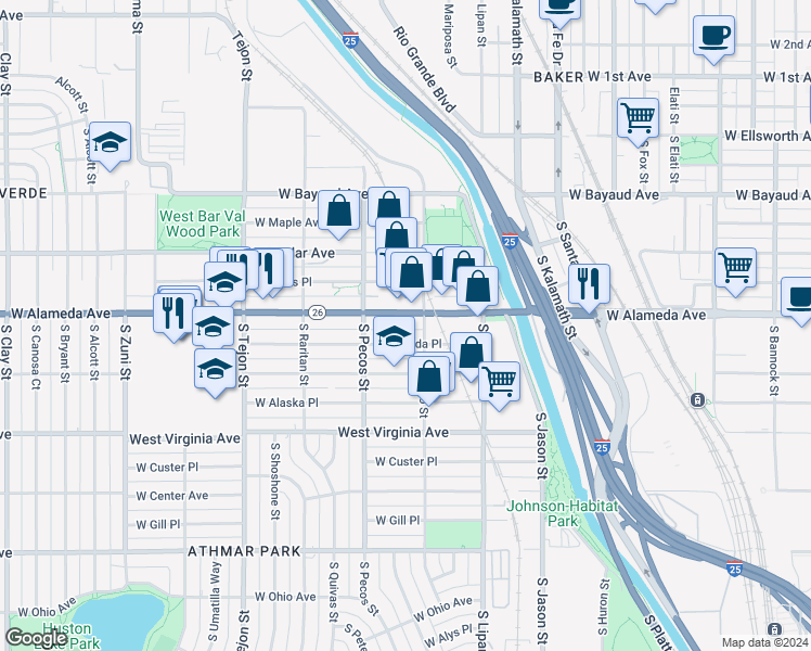 map of restaurants, bars, coffee shops, grocery stores, and more near 1300 West Alameda Avenue in Denver