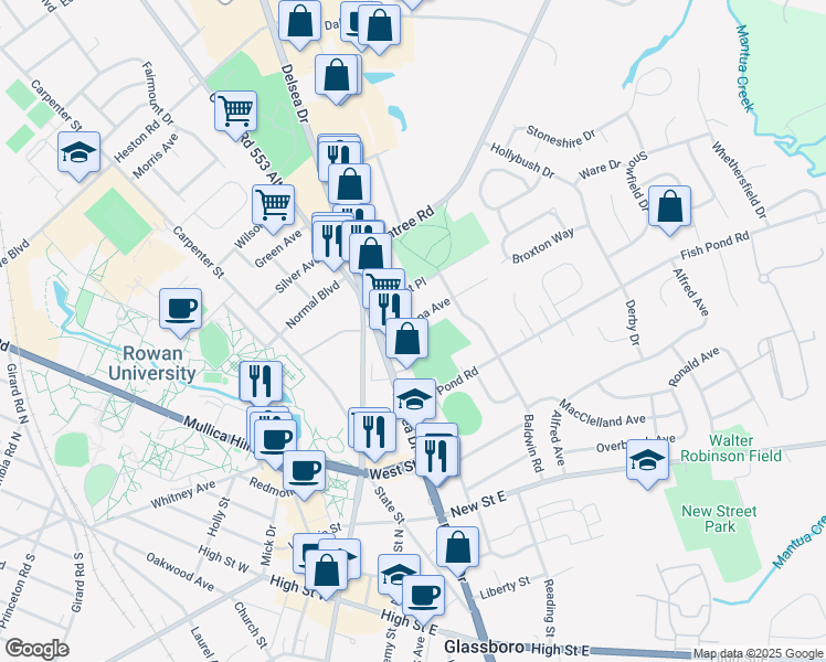map of restaurants, bars, coffee shops, grocery stores, and more near 209 Pomona Avenue in Glassboro